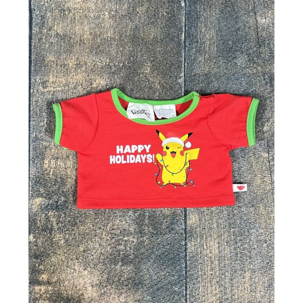 Build A Bear Workshop Stuffed Animal T Shirt! Happy Holidays Pikachu Pokémon Red
